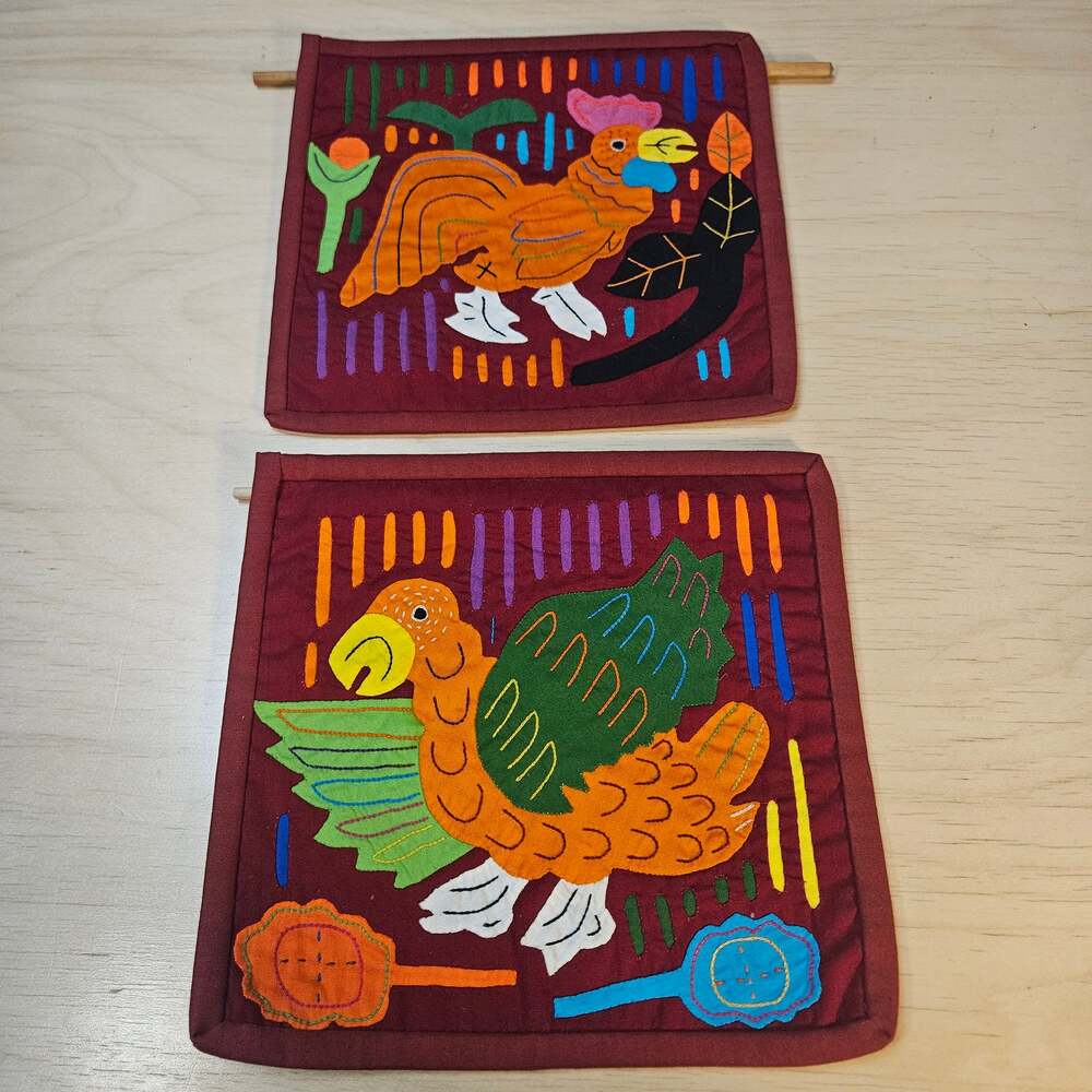 Handmade Guna Kuna Indian Bird Mola Folk Art Wall Hanging Set Panamanian VTG